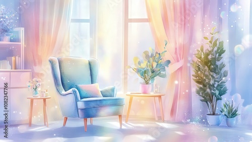 CBT Psychotherapy, A serene pastel room featuring a cozy armchair, bright curtains, potted plants, and soft light, creating a peaceful and inviting atmosphere.