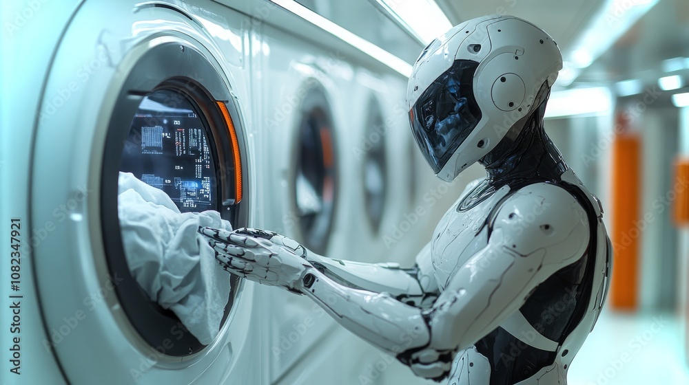 Humanoid android sorting and loading clothes in a futuristic laundry facility during the day