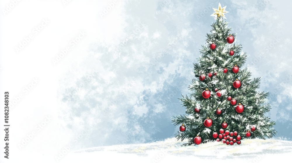Christmas tree with red ornaments in snowy winter landscape Christmas tree with red ornaments in snowy winter landscape
