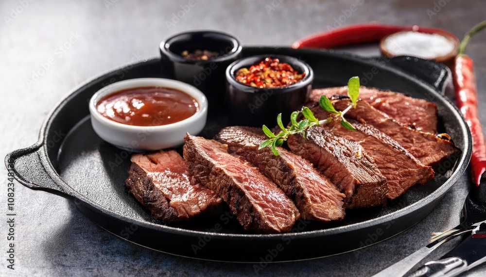 Grilled Beef Slices on Hot Plate with Spicy Sauce Grilled Beef Slices on Hot Plate with Spicy Sauce