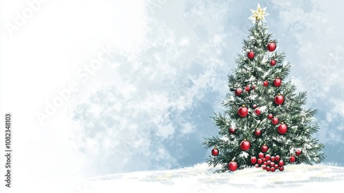 Christmas tree with red ornaments in snowy winter landscape