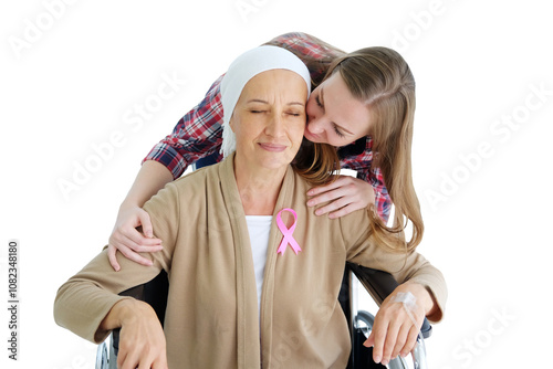 Smiling Caucasian daughter with elderly mother sitting on wheelchair and hugging together after chemotherapy. Elderly mother is suffering from cancer or Leukemia patient. Clip art and element