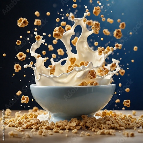 A slow-motion capture of milk splashing into a bowl of cereal. The high-speed photography highlights the dynamic motion and freshness of the breakfast scene, resulting in a visually captivating 