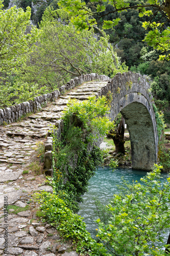 View of the traditional stone Bridge of Klidonia in Epirus, Greece in Spring.