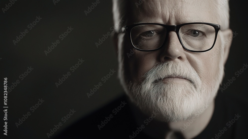 Portrait of an Elderly Man with Glasses and White Beard in a Black Shirt, Capturing Wisdom and Experience in a Dark Background Setting Portrait of an Elderly Man with Glasses and White Beard in a Black Shirt, Capturing Wisdom and Experience in a Dark Background Setting