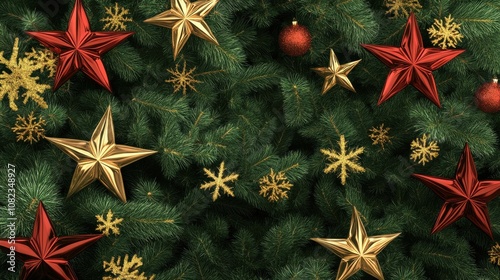 Festive holiday decorations on a Christmas tree with stars and snowflakes