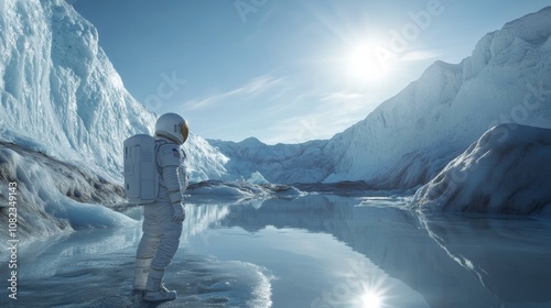 Astronaut exploring icy planet with tranquil lake and majestic mountains