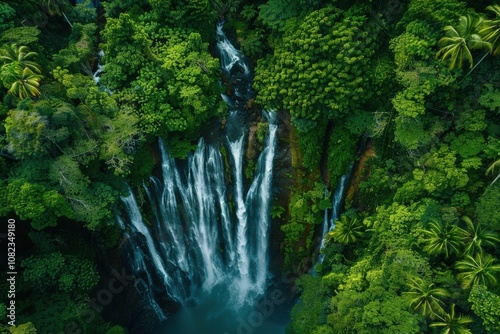 Aerial Drone View or Top View of Waterfall - A cascading waterfall surrounded by lush vegetation. for Background Wallpaper