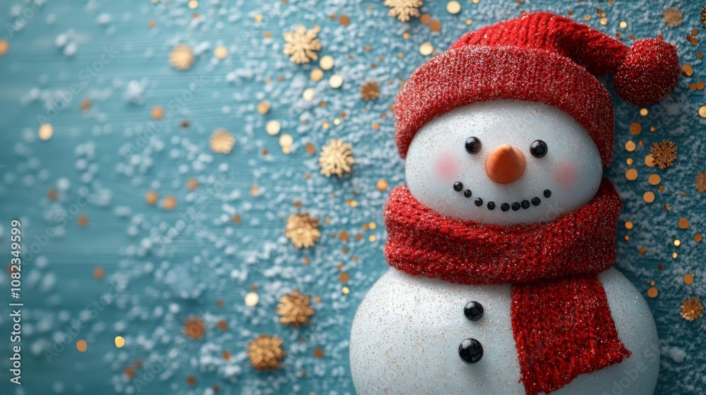 Fototapeta premium Cute Snowman with Red Scarf and Hat. Generative AI