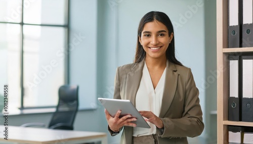  Portrait of young Hispanic professional business woman standing in office