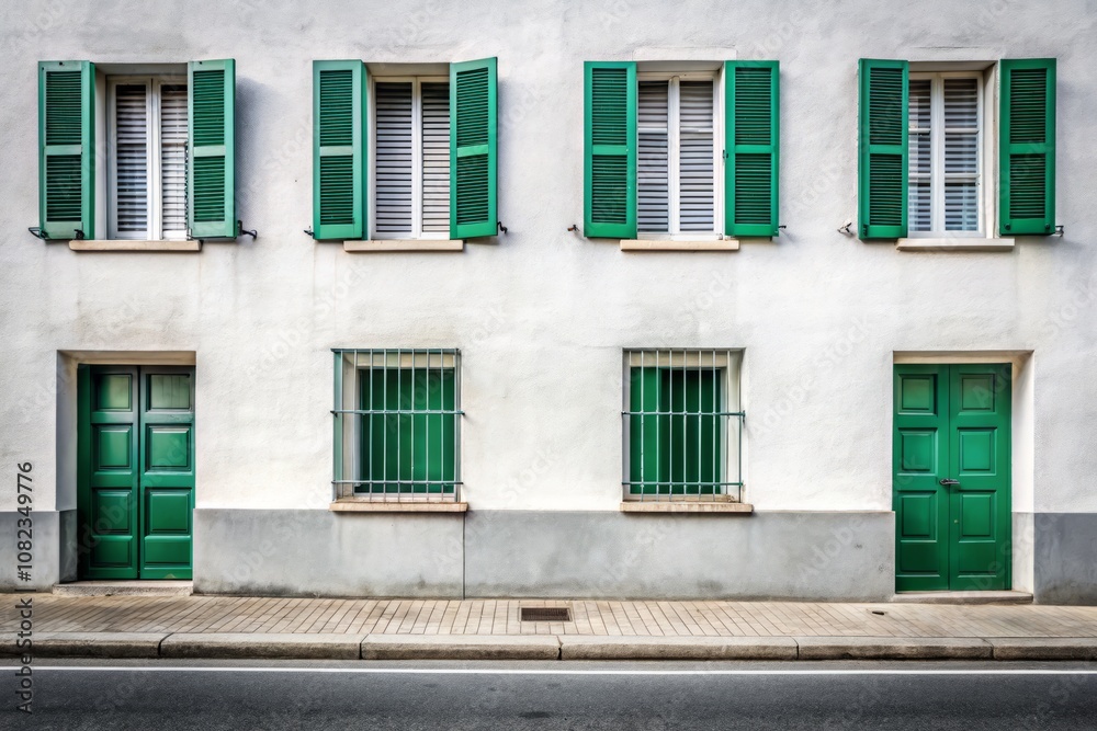 Minimalist Urban Scene Featuring a White Plaster Apartment Building with Green Shutters and Barred Basement Windows, Set Against a Concrete Sidewalk and Urban Road for Background Copy Space Minimalist Urban Scene Featuring a White Plaster Apartment Building with Green Shutters and Barred Basement Windows, Set Against a Concrete Sidewalk and Urban Road for Background Copy Space