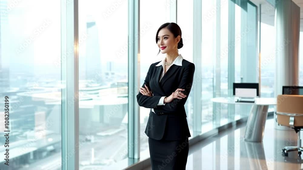 Confident Asian Businesswoman in a Suit Standing with Crossed Arms in a Modern Office Confident Asian Businesswoman in a Suit Standing with Crossed Arms in a Modern Office