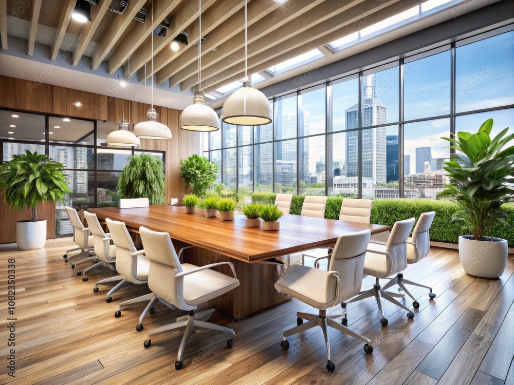 Modern Meeting Room with White Chairs, Large Windows, and Potted Plants for Professional Gatherings in a Bright and Airy Atmosphere Modern Meeting Room with White Chairs, Large Windows, and Potted Plants for Professional Gatherings in a Bright and Airy Atmosphere