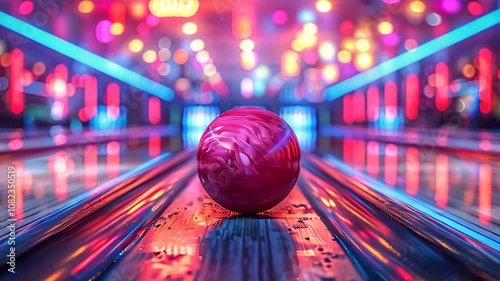 A vibrant bowling alley experience featuring a pink bowling ball rolling down the lane amidst neon lights