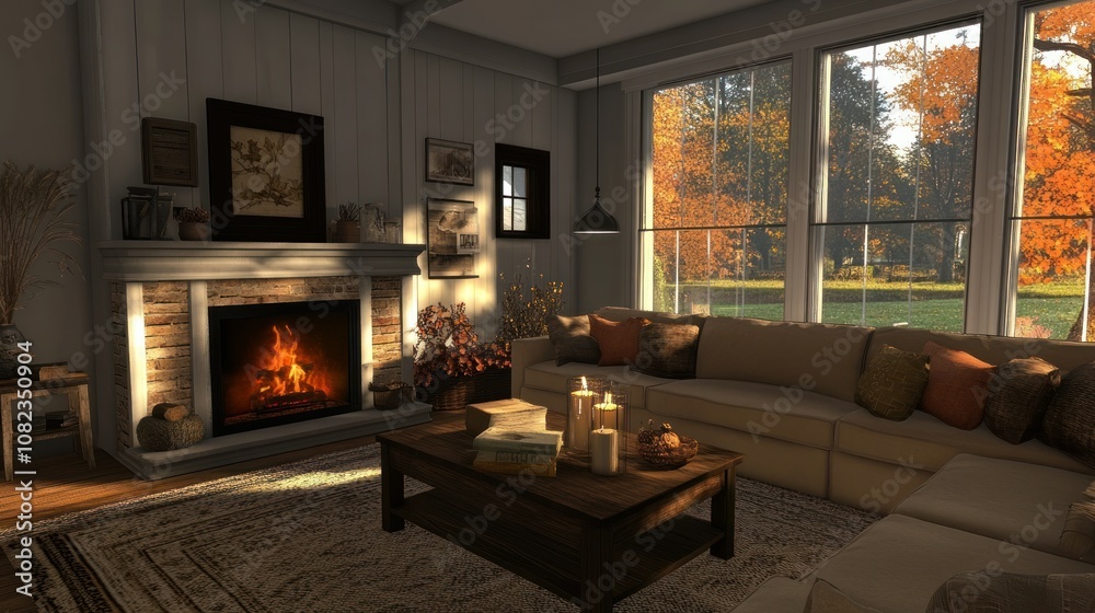 Fototapeta premium Cozy Living Room with Fireplace, Autumn View, and Rustic Decor