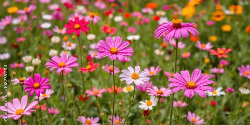 Vibrant cosmos flowers creating a stunning sea of pink, white, and red, summer, spring Vibrant cosmos flowers creating a stunning sea of pink, white, and red, summer, spring