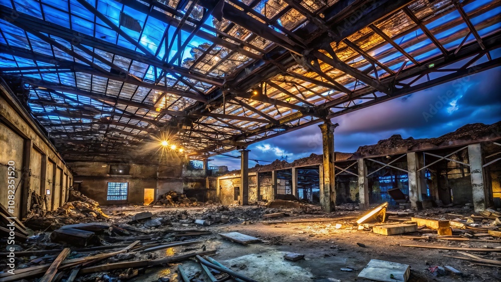 Nighttime View of Collapsed Industrial Building Featuring Destroyed Insulated Roof Structures with Debris and Shadows in a Dark Urban Environment Nighttime View of Collapsed Industrial Building Featuring Destroyed Insulated Roof Structures with Debris and Shadows in a Dark Urban Environment