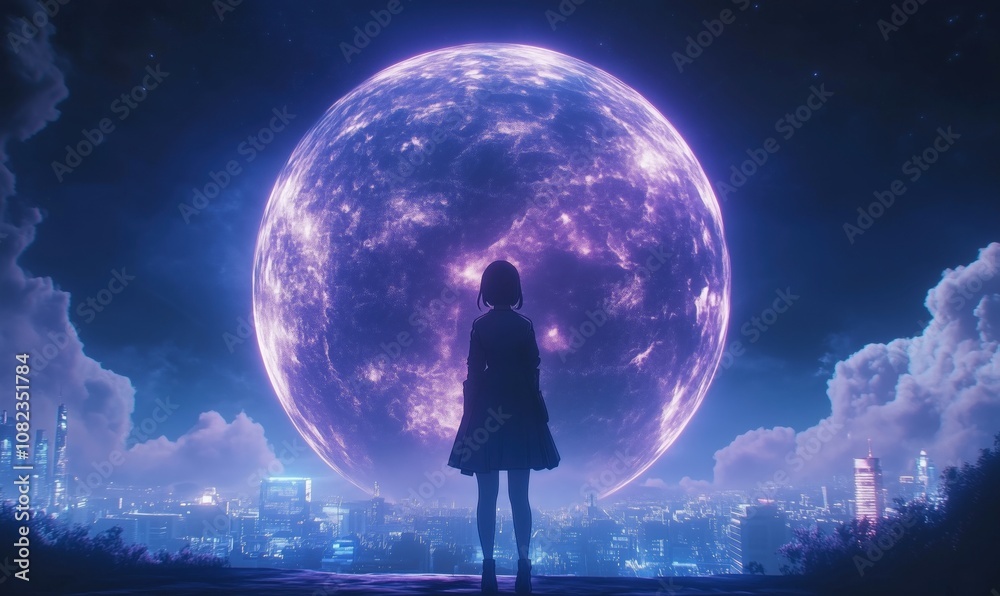 Girl gazing at massive purple moon, city skyline illuminated, ethereal atmosphere, clouds surrounding, futuristic setting Girl gazing at massive purple moon, city skyline illuminated, ethereal atmosphere, clouds surrounding, futuristic setting