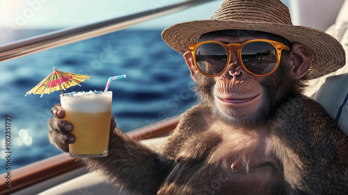 A charismatic monkey in round sunglasses and a tropical hat, holding a coconut drink with a tiny umbrella, dancing to music on the yachtâs deck. photo