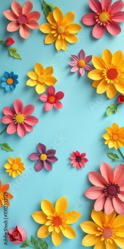 Vibrant handmade paper flowers in various colors placed on a light blue background with empty space in the center, vibrant, art