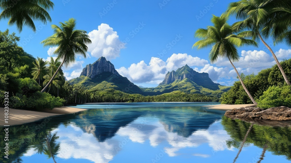 Obraz premium Idyllic Tropical Beach Palm Trees Mountains Clear Water Paradise