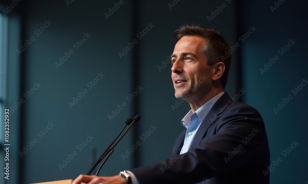 Man in suit stands behind a microphone. He is giving a speech or presentation Man in suit stands behind a microphone. He is giving a speech or presentation