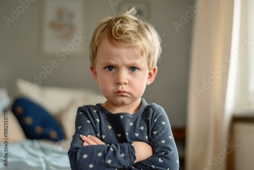 An offended little boy with his arms crossed.