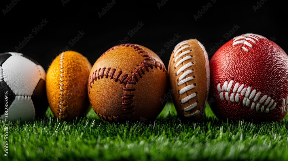 Sports Balls Lineup on Green Grass Sports Balls Lineup on Green Grass