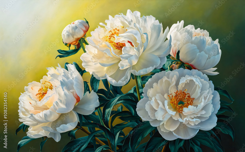 A beautifully detailed painting of white flowers, possibly peonies, with varying stages of blooming. A beautifully detailed painting of white flowers, possibly peonies, with varying stages of blooming.