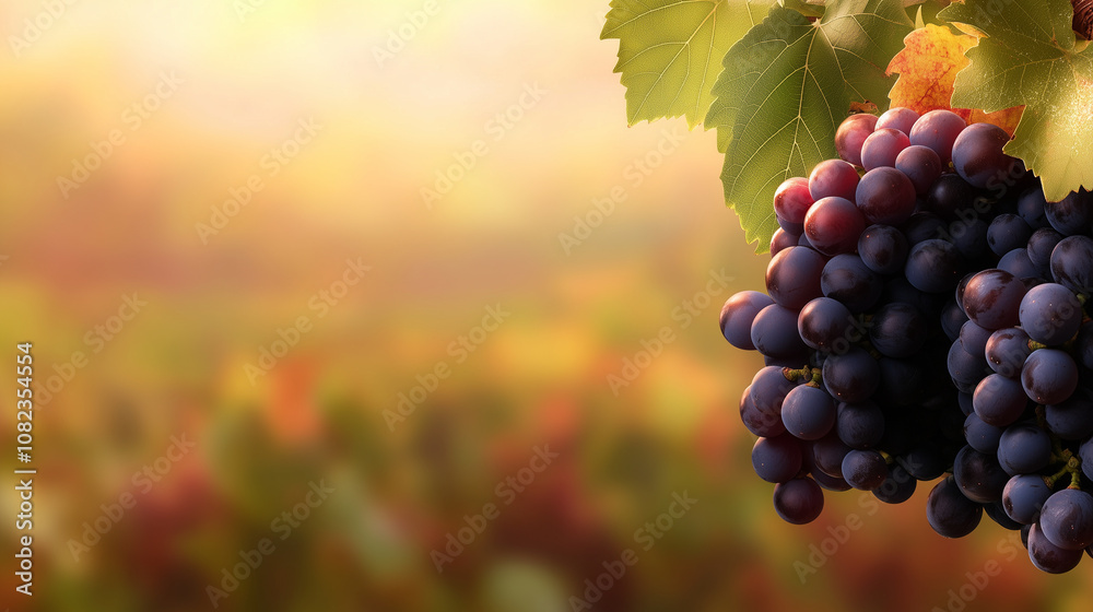 Naklejka premium A full, ripe bunch of Cabernet Franc grapes with a mix of mature colors, surrounded by green leaves, set against a blurred vineyard scene with space for text.