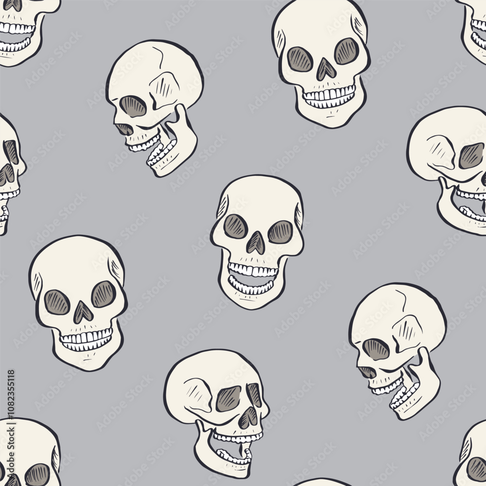 Seamless pattern with hand drawn inky skulls. Skeleton heads repeat background.