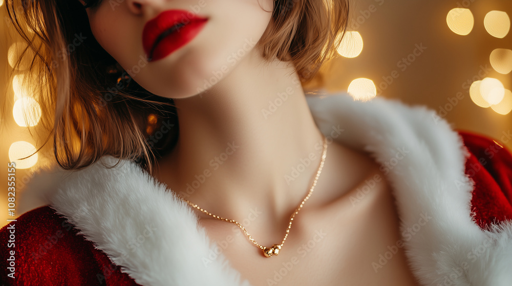 A warm close-up view of a woman in a Santa-inspired outfit, with soft fur edging and a delicate holiday necklace, with golden Christmas lights in the background. A warm close-up view of a woman in a Santa-inspired outfit, with soft fur edging and a delicate holiday necklace, with golden Christmas lights in the background.