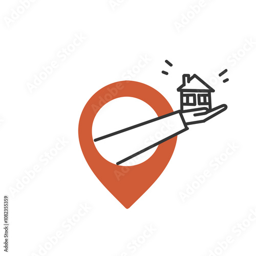 hand holding tiny house miniature come out from gps pin doodle cartoon style