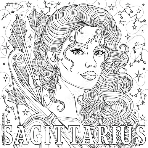 Sagittarius Woman.Astrological Zodiac Sign.Coloring book antistress for children and adults. 