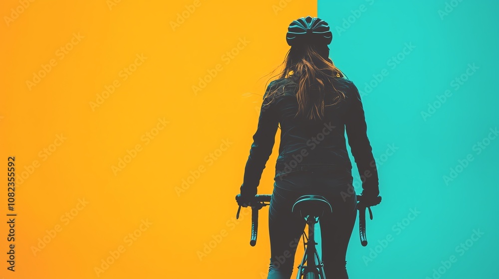 A girl riding a bicycle through a city street close up, focus on, copy space, bright blues and yellows, Double exposure silhouette with urban life A girl riding a bicycle through a city street close up, focus on, copy space, bright blues and yellows, Double exposure silhouette with urban life