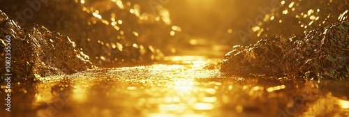 Illuminated golden landscape capturing glowing reflections and radiant light, invoking serene and warm emotions. photo