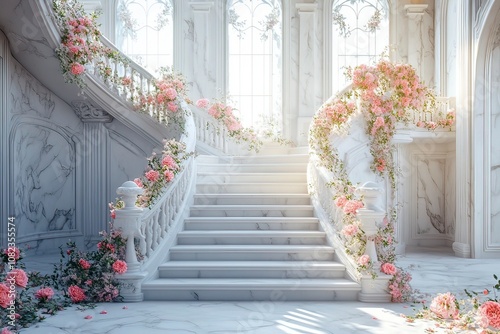 Marble white stairs with flower garlands, fantasy palace or heaven stone stair with floral decorations, fairytale princess castle interior, AI generated image with generative ai