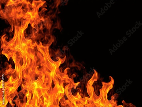 Realistic fiery flames in vibrant orange and yellow hues on a dark black background, burning