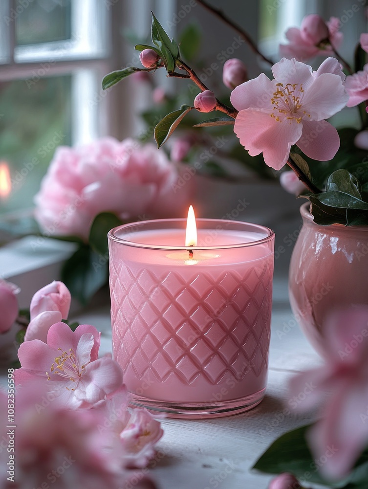 Peony and gardenia-scented candle with pink and white peonies, AI generated Peony and gardenia-scented candle with pink and white peonies, AI generated
