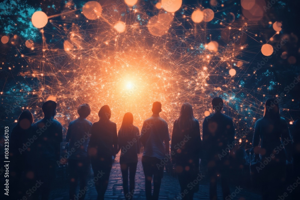 A group of silhouettes stands before a dazzling explosion of light and sparkles, evoking a sense of wonder and exploration in a cosmic setting. A group of silhouettes stands before a dazzling explosion of light and sparkles, evoking a sense of wonder and exploration in a cosmic setting.