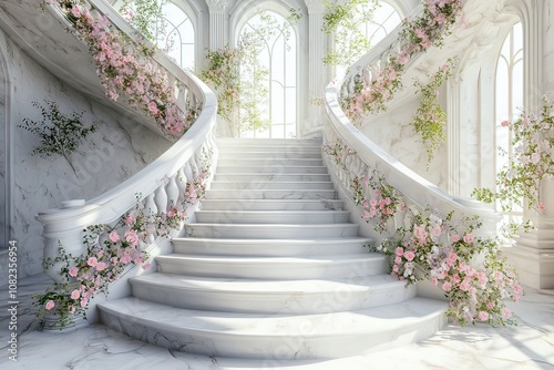 Marble white stairs with flower garlands, fantasy palace or heaven stone stair with floral decorations, fairytale princess castle interior, AI generated image with generative ai