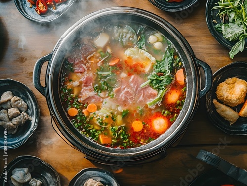 A hot pot with various broths and ingredients photo