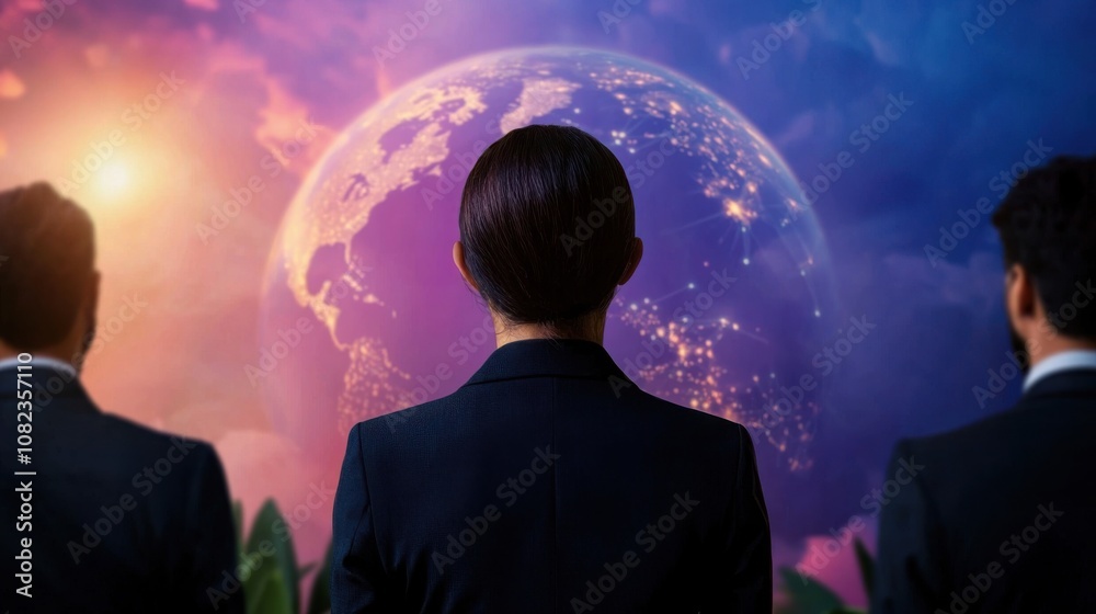 Three individuals in suits face a stunning cosmic view of Earth, surrounded by vibrant hues of purple and orange, evoking a sense of wonder and exploration. Three individuals in suits face a stunning cosmic view of Earth, surrounded by vibrant hues of purple and orange, evoking a sense of wonder and exploration.