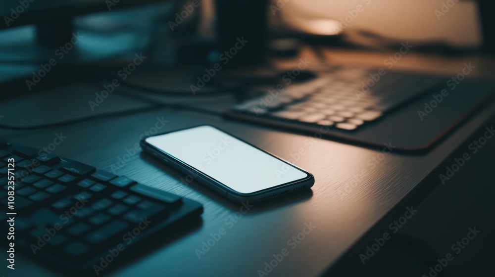 Smartphone on Desk with Keyboard Smartphone on Desk with Keyboard