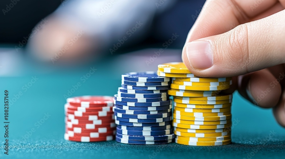 The trade war is affecting global exports,A close-up of a hand stacking colorful poker chips on a green gaming table, showcasing a vibrant casino atmosphere.