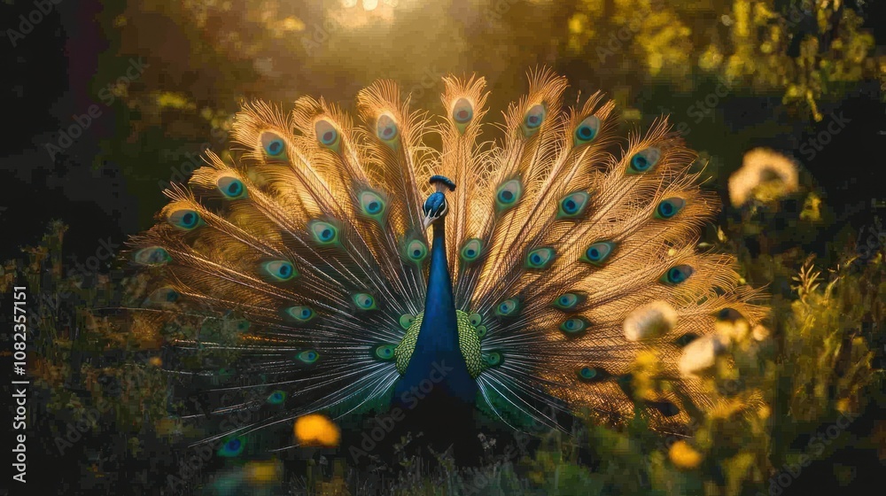 Obraz premium A Vibrant Peacock Displaying Its Colorful Feathers in a Golden Light
