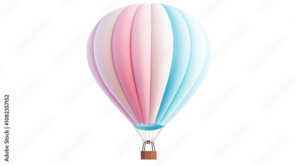 Naklejka premium A beautiful hot air balloon with pastel pink and blue stripes glides through a bright blue sky, surrounded by fluffy white clouds, offering a glimpse of adventure and tranquility