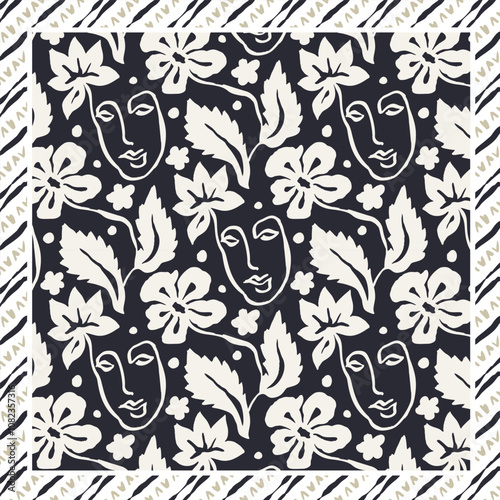 Monochrome black and white brush strokes inky flowers and female faces scarf or bandana design. Abstract floral contemporary background.