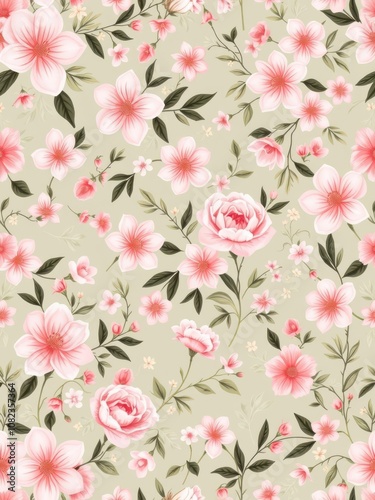 Wallpaper Mural Seamless floral pattern with blooming flowers, leaves, and vines in soft pastel colors, repeat, background Torontodigital.ca