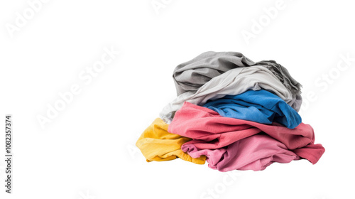 A vibrant assortment of wrinkled garments lies haphazardly on a clear surface, featuring shades of blue, gray, pink, and yellow. The soft fabrics suggest recent laundry activities